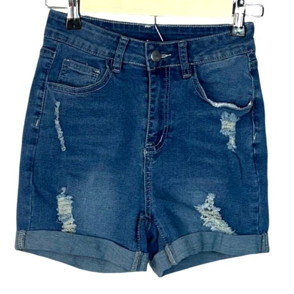 Distressed High Waisted Roll Cuffed Stretch Denim Blue Jean Shorts Women's Small